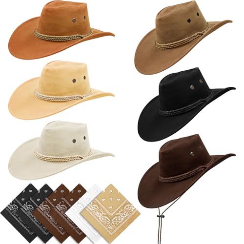 KisSealed 12Pcs Cowboy Hats and Bandanas,Western Cowboy Hats with Buckle Band,Wide Brim Cowgirl Hats Costume Party for Men (Multicolor)