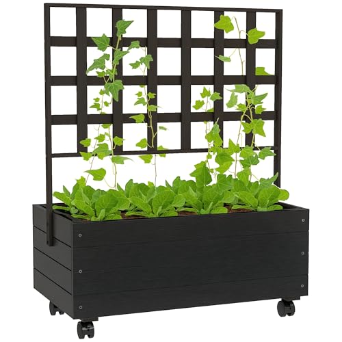 Outsunny Raised Garden Bed with Trellis and Wheels, Outdoor Wooden