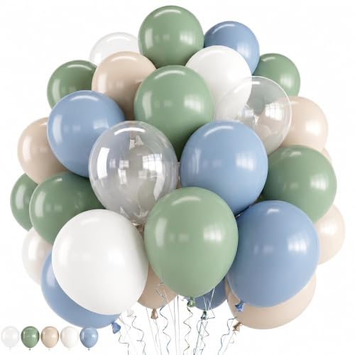 Image of Blue and Green Balloons, Goose Balloon Sage Avocado Green Dusty Slate Fog Blue Sand White Clear Latex Balloons for Boho Bridal Baby Shower Graduation Anniversary Wedding Birthday Party Decorations