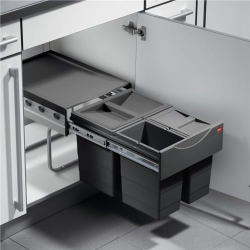 Hailo Abfallsammler 364253 | Raumspar-Tandem 18 + 2x 8.5 L | ab 40cm Schrank mit Drehtür | 346 x 475 x 336 mm | Kunststoffteile dunkelgrau | Metallteile silber (2 Biodeckel)