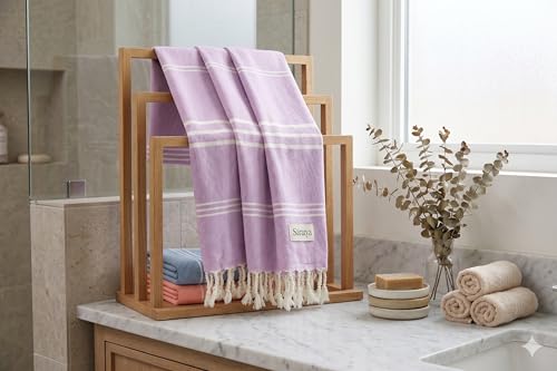 Image of Ultrasoft Bamboo Bath Towel | Quick Dry, Compact & Lightweight | Turkish Striped Satin Weave | Lavender | 63x33 Inch | 210 GSM