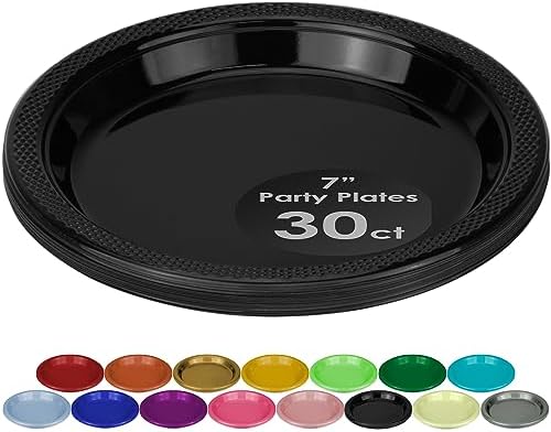 DecorRack 30 Small Plastic Plates, Heavy Duty 7 inch Colored Plastic Dinner Plates, Disposable Party Ware for Kids Birthday, Cake Dessert Plates, Holiday Tableware, Black (Pack of 30)