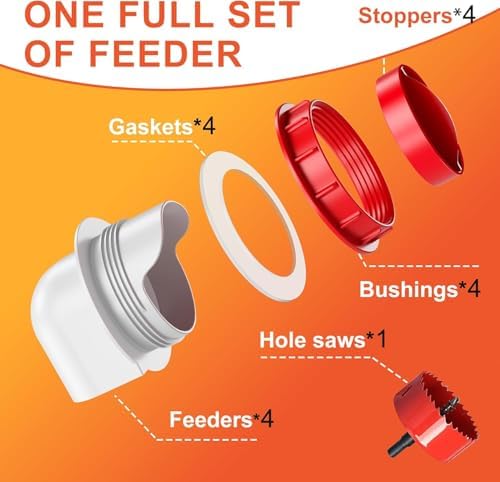 ZenxyHoC Chicken Feeders No Waste, DIY Automatic Poultry Feeder 4 Ports 1 Hole Saw with Covers Gravity Feed Kit for Buckets Barrels Bins Troughs - 4