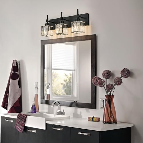 Image of Black Bathroom Vanity Light, 3-Lights Crystal Bathroom Lights Over Mirror, Modern Wall Light Fixtures with Crystal Square Shade