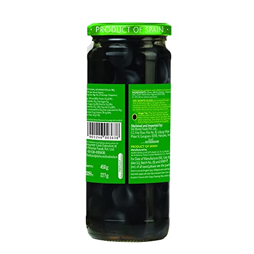 Image of Del Monte Black Pitted Olives 450g l Imported from Spain | 100% Natural | Suitable for Pizza, Pasta Topping, Garnishing Salad, Wraps | Source of Fibre, Gluten Free, No Added Preservative