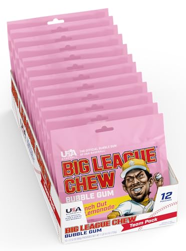 Image of New! Big League Chew Punch Out Pink Lemonade Bubble Gum - Sweet and Tart Flavor Burst | Ideal for Baseball Games, Teams, Concessions, Parties, and More | Pack of 12 Bags (2.12oz Each)