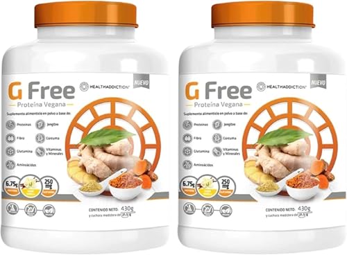 2 Pack GFree Vgan Protein Health Adiction | AntiInflamatoria | Gluten Free | Sabor Vainilla | Suplemento Alimenticio A Base De Vitaminas, Jengibre, Cúrcuma, Fibra, Aminoácidos y Glutamina