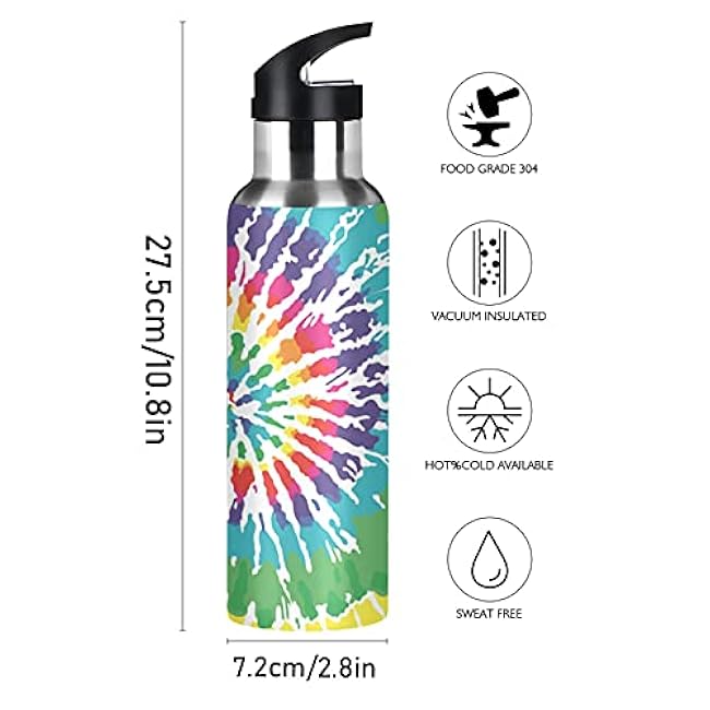 20 oz Sports Water Bottles with Straw Lid and Carry Loop, Insulated Stainless Steel Double Wall Vacuum Thermo Water Bottle for Gym Camping Hiking - Tie Dye