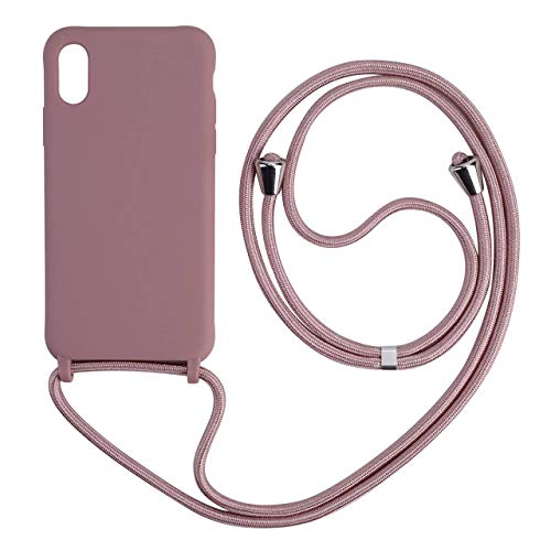 Funda para iPhone XR con Cuerda, Silicona Líquida Carcasa TPU Suave Case con Correa Colgante Ajustable Collar Correa de Cuello Cadena Cordón Anti-Choque, Arena en Polvo