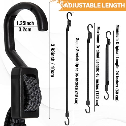 Image of Bungee Cords, Flat Adjustable Bungee Cords with Hooks Heavy Duty 48 Inch, Elastic Rubber Black Bungee Straps with Buckle Hooks for Outdoor, Camping, Tarps, Bike Rack, Tent, Truck, 6 Pack