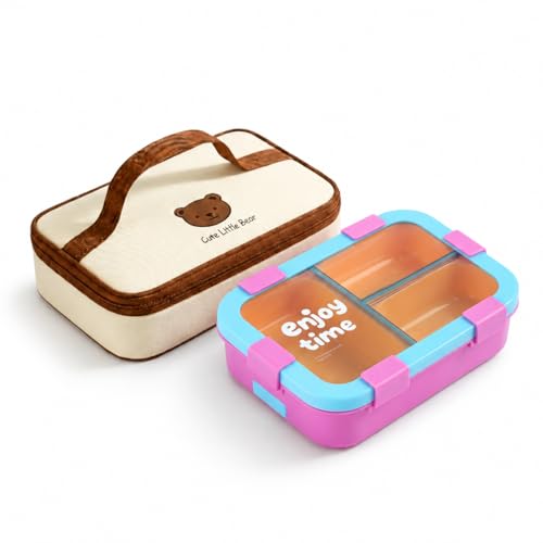 Image of Motka Bento 700 ML Lunch Box 3 Compartments with Insulated Bag | Spoon & Fork Set | Leak Resistant, Food Container for Kids, Adults, School, Office, Travel (Purple)
