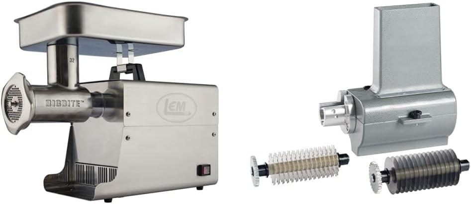 LEM Products 17821 Big Bite #32 1.5HP Stainless Steel Electric Meat Grinder, Silver & Products 433TJ 2-in-1 Jerky Slicer and Tenderizer Attachment, Grey