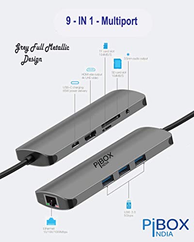 Image of PiBOX India, USB C Hub Dock- 9 in 1 Aluminum Type C Adapter with 4K HDMI, Ethernet 1000mbps RJ45, 3 USB 3.0, USB-C Power Delivery, 3.5mm Audio only, TF /SD Card Reader, MacBook / /Samsung USB C Devices
