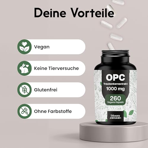 OPC Traubenkernextrakt Hochdosiert - 260 Kapseln mit 75% reinem O.P.C je 1000 mg pro 2 Kapseln - Vegan & Produziert in Deutschland - Verpackung kann variieren 4