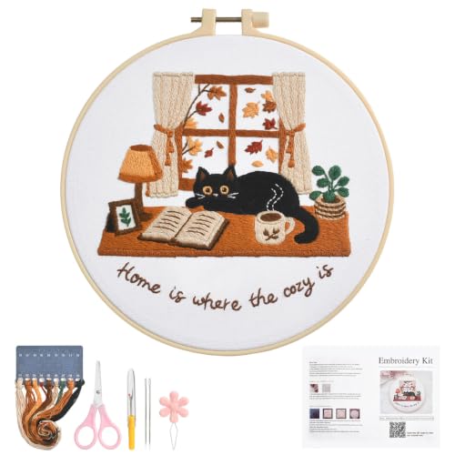 Image of CrochZepiany Black Cat Embroidery Kit for Beginners with Hoop