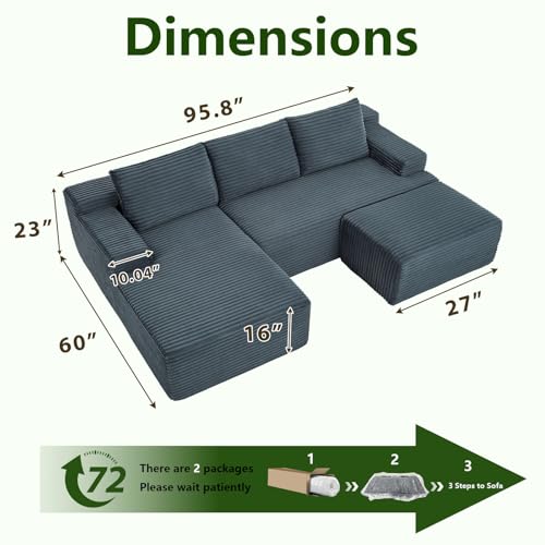 Image of 96.1 inch Modular Sectional Sofa with Ottoman, Modern Corduroy Cloud Couch, Boneless Couch Upholstered 3-Seater U-Shaped Sofa for Living Room, No Assembly (Dark Grey, Right-Facing Chaise)
