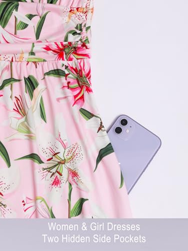 Image of Mommy and Me Floral Dresses Mother Daughter Matching Short Sleeve Tshirt Midi Dress Crew Neck Outfits with Pockets