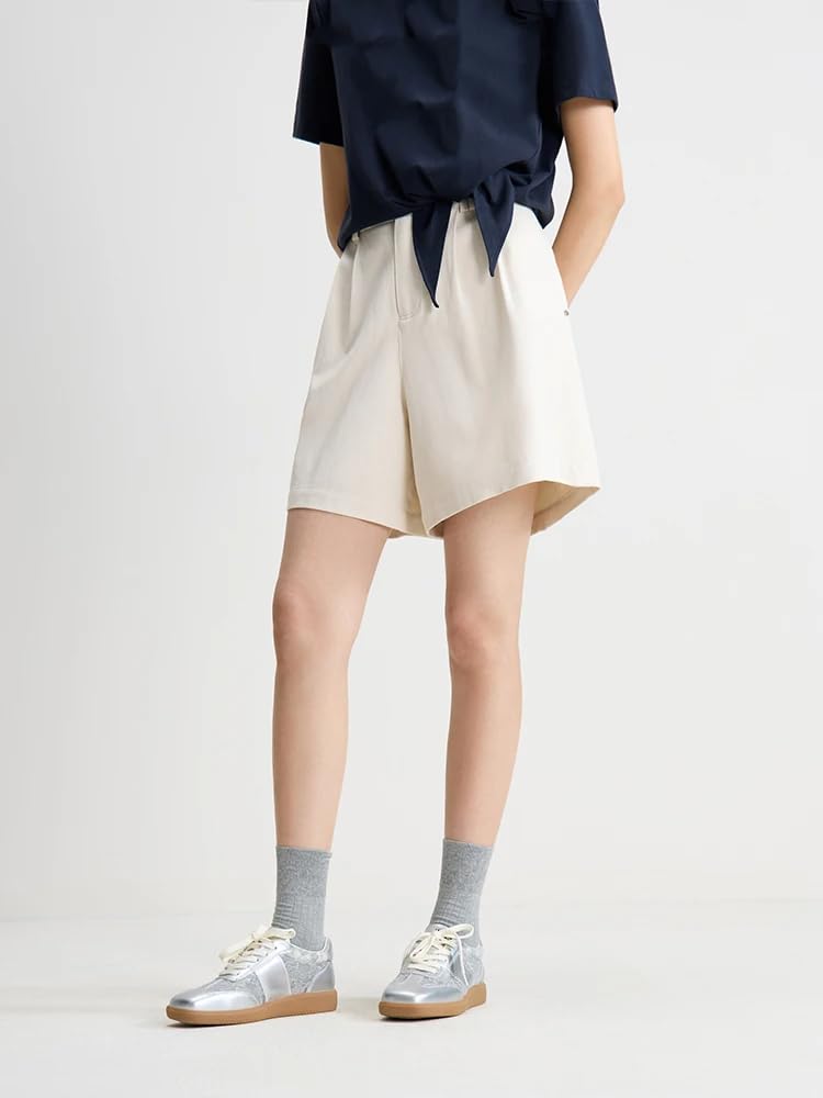 Pantalones cortos casuales de verano para mujer, cintura alta, elásticos, para la oficina, beige, L