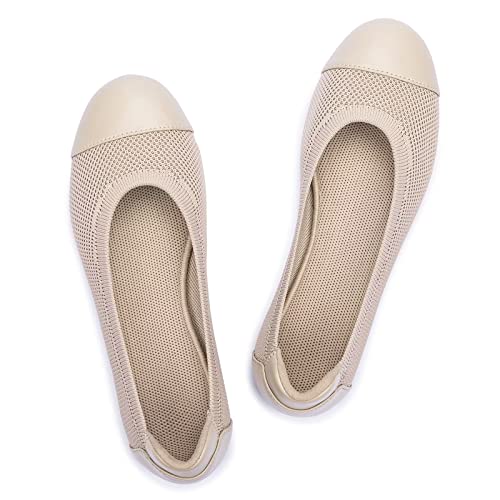 Frank Mully Women's Ballet Flats Round Toe Walking Flats Slip On Work Shoes Knitted Flats Shoes For Woman Soft Lightweight,Synthetic Leather,Ecru 9.5 #TOP5