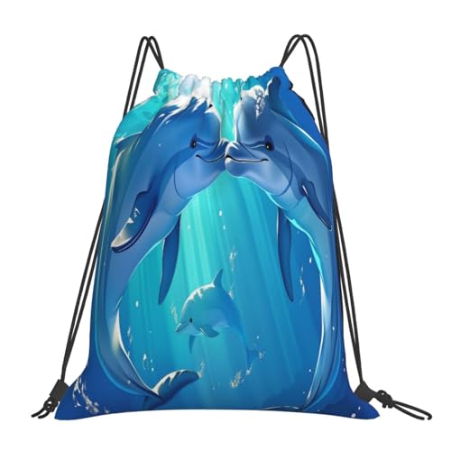 FLONTY Blue Dolphin Lightweight Drawstring Backpack Sports Gym Bag Travel Sack Fit Women Man Yoga