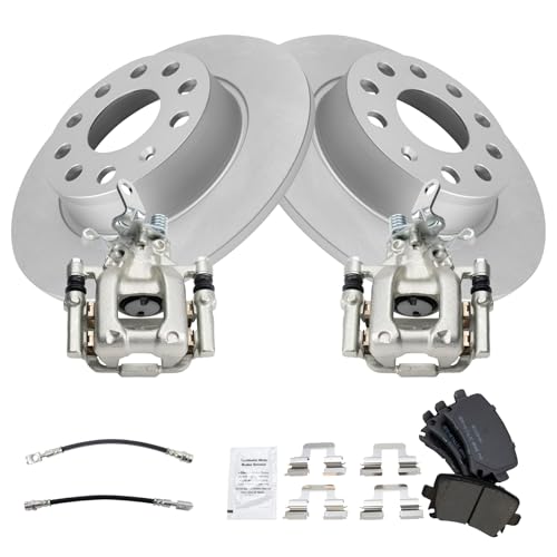 Image of TRQ Rear Brake Pad and Rotor Set Semi Metallic Coated Rotors Calipers Compatible with 2010 Audi A3 A3 Quattro Volkswagen Jetta