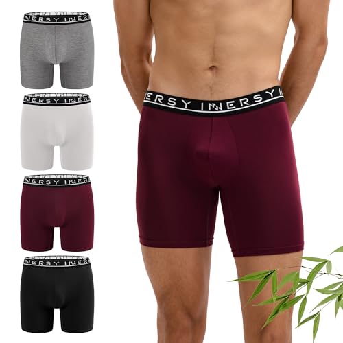 INNERSY Bamboo Underwear Men Moisture Wicking Boxer Shorts Microfibre Pants Trunks Multipack 4 (L, Black/Grey/Heather Grey/Wine)