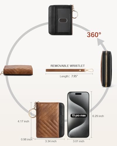 Image of BOSTANTEN Credit Card Holder Wallet RFID Blocking Leather Small Wallet for Women Zipper Keychain Wallet with Wristlet Brown&Black