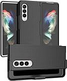Case with Clip for Galaxy Z Fold 3 5G, Nakedcellphone Grid Texture Slim Hard Cover and Custom Belt Hip Holster Holder View Stand Combo for Samsung Z Fold3 Phone (SM-F926) 2021 - Black Tread