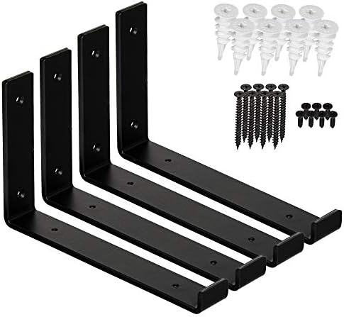 Shelf Brackets - Heavy-Duty & Extra Thick, Rustic Black Iron Finish, Includes Hardware, 4-PK - Multiple Sizes Available (9.25")