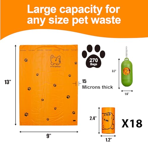 Image of Dog Poop Bags With Dispenser, Strong and Leak-proof Waste Bags for Pets, Floral Scented, 270 Count (18 Packs of 15), 13 Inch x 9 Inch (Orange)