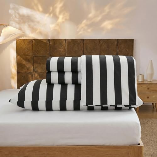 Image of Merryword 100% Cotton Sheet Set Full Size - Black and White Stripes Bedding, Soft Breathable Percale Weave, Wide Stripe Deep Pocket Sheet 17.5 inch, Luxury Linen Like, 4-Piece All Season Bedding
