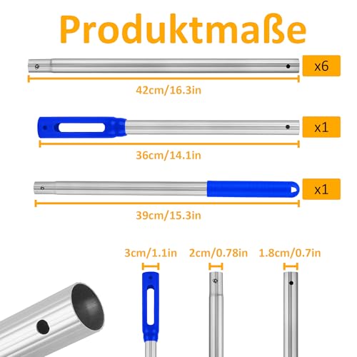 Asaiy Pool Teleskopstange für Pools & Whirlpools, Ausziehbar von 74 bis 300 cm, Aluminium 8-teilige Ausziehstange für Poolreinigung – Kompatibel mit Kescher, Skimmernetz, Poolbürste & Bodensauger