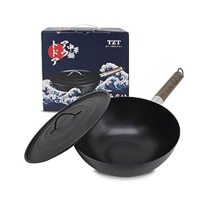 Non-Stick Cast Iron Wok Small Wok Pan with Iron Lid Wodden Handle Suitable for All Stoves, 9″ Mini Wok