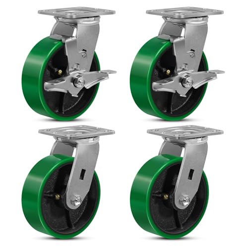 NINOSO 6 inch Heavy Duty Casters, Swivel Casters Set of 4 Wheels Load Capacity 4800lbs, No Noise Industrial Caster with Grease Fitting (2 Brakes & 2 Swivel)