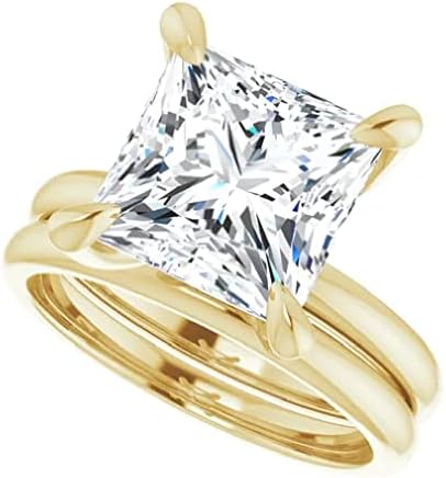 Handmade 925 Silver, 10K/14K/18K Solid Gold Engagement Ring Set, 4 Carats Princess Cut Moissanite Diamond Wedding Ring Set Solitaire Bridal Ring for Women Her, Anniversary Propose Gifts (925 Silver (Yellow Gold Plated))