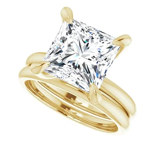 Handmade 925 Silver, 10K/14K/18K Solid Gold Engagement Ring Set, 4 Carats Princess Cut Moissanite Diamond Wedding Ring Set Solitaire Bridal Ring for Women Her, Anniversary Propose Gifts (925 Silver (Yellow Gold Plated))