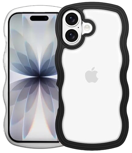 Image of GoldKart iPhone 17 Case Wavy Edge Clear Back Design, Anti-Slip Grip Cute Wave Curly Frame Shape Shockproof Soft TPU & Hard PC Bumper Protective Phone Case Cover for Women Girls - Black