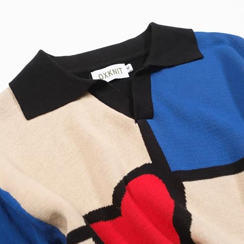 Men's Retro Knitted Poloshirt, 1960s Casual Colorblock V-Neck Polo Cotton Breathable Short Sleeve for Summer3