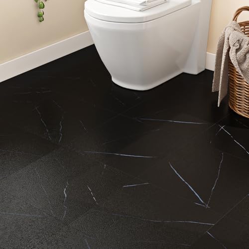 Livelynine 32pcs 12×12″ Peel and Stick Floor Tile Black Blue Vinyl Flooring Sheet Waterproof Bathroom Sticky Tiles Self Adhesive Laminate Flooring Removable Marble Linoleum Covering Squares Attic RV