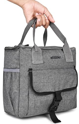 Image of Wooum Lunch Bag for Office, Lunch Bag for Men & Women, Insulated Lunch Bag, Adult Lunch Tote Bag, Wide-Open Tiffin Bag with Handle, Side Pocket, Travel Lunch Pouch for Picnic (Grey)