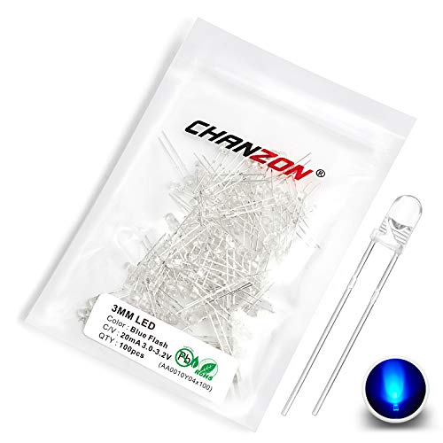 Chanzon 100 Piezas luces diodo LED azul intermitente de 3mm 1.5 Hz intermitentes (transparente redondo transparente DC 3V 20mA) Componentes electrónicos Diodos emisores de luz indicadora