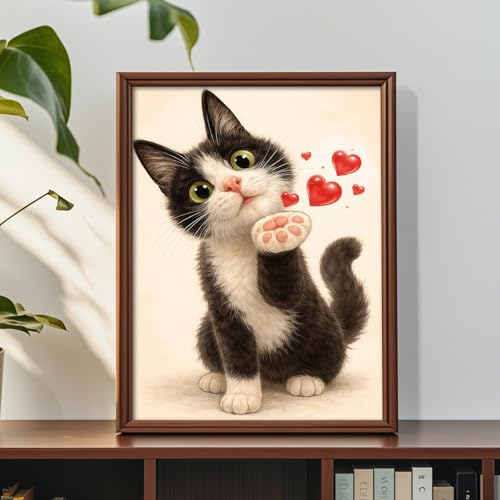 Image of Romantic Diamond Paintings Kits for Beginners, Full Round Drill Diamond Arts Kits for Adults, Cat Greeting Paint by Diamond, 5D DIY Diamond Painting Dot Gem Art, for Home Wall Decor 12x16 Inch