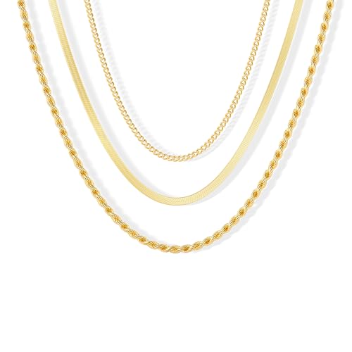 Freekiss Gold Herringbone Necklace for Women: Layered Chain Necklaces Dainty 14k Gold Plated Snake Cuban Rope Choker Necklace Stack Simple Chunky Womens Jewelry Gift