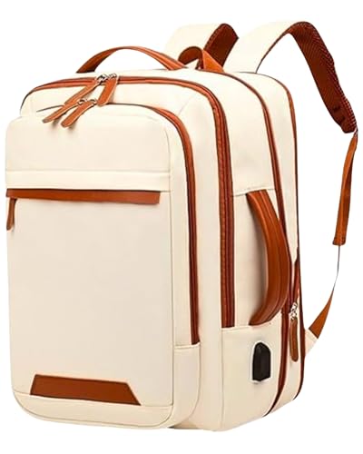 Mochila Viagem Avião Expansível Impermeável Resistente Grande Capacidade Mala de Bordo Bagagem de Mão com Saída USB Multifuncional (BEGE)