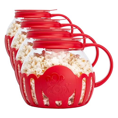 Image of Ecolution Patented Micro-Pop Microwave Popcorn Popper with Temperature Safe Glass,3-in-1 Lid Measures Kernels and Melts Butter,Made Without BPA,Dishwasher Safe,3-Quart,Red,(Pack of 4)