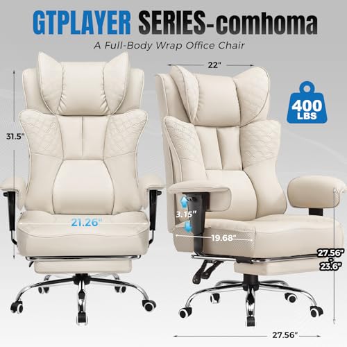 Image of GTPLAYER Big and Tall Office Chair, Wide Ergonomic Gaming Chair with Deluxe Embossing Designed Leather with Foot Rest,150Reclining Adjustable Soft Armrests Pocket Spring Back Support and Pillow