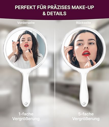 Foto von Fantasia Beauty Handspiegel mit 5-fach Vergrößerung – Schminkspiegel leicht & handlich, Ø 15 cm, ideal für Make-up, Rasur & Reisen – Kosmetikspiegel doppelseitig, robust & kompakt