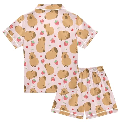 Cute Capybara and Strawberry Summer Satin Pajama Set, Cute Button-Down Sleepwear Pj Set for Sleep Wears2