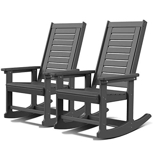GREENVINES Outdoor Rocking Chairs | Set of 2 | Porch Rocker | HDPE Plastic | Grey | Oversized Rockers | High Back | Big & Tall | Ladder Back | for Patio Outside Backyard Balcony Garden