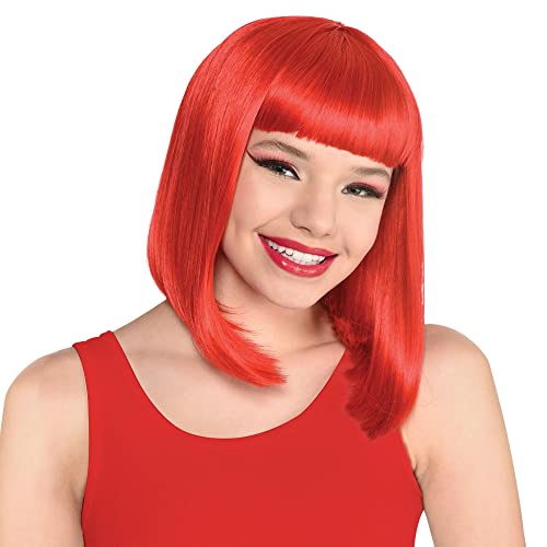 Perruque rouge bonbon coupe au carré pour fête à thème